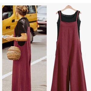 Women Jumpsuits Baggy Cotton Rompers Overalls with Pockets size M Burgundy